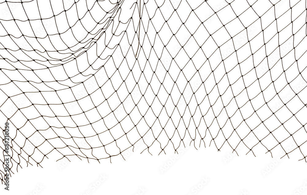 Icy mesh made of rope in the snow on a white background. Torn fishing, football, tennis net isolate - obrazy, fototapety, plakaty 