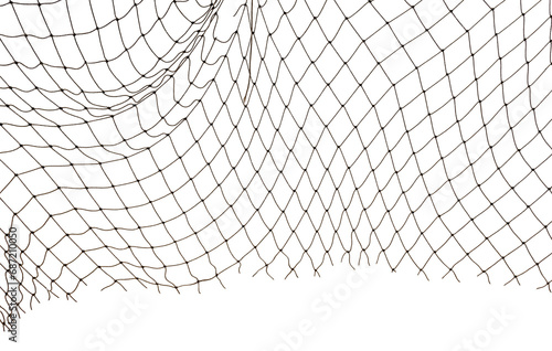 Icy mesh made of rope in the snow on a white background. Torn fishing, football, tennis net isolate photo