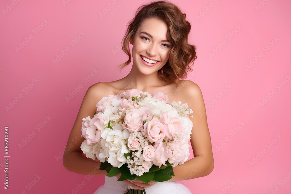 Smiling happy beautiful woman with a bouquet of flowers in her hands on a pink background. Smiling happy beautiful woman with a bouquet of flowers in her hands on a pink background.