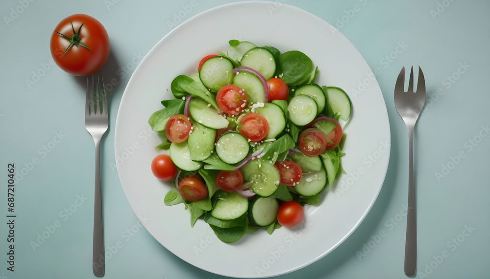 Fresh salad with cucumber, tomato and lettuce on a blue background. Generative AI Fresh salad with cucumber, tomato and lettuce on a blue background. Generative AI