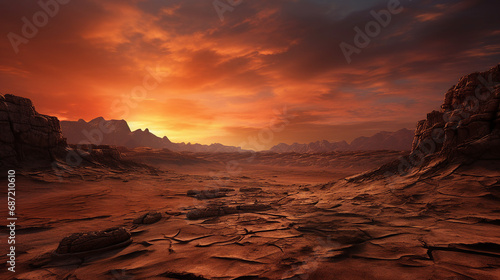 Spectacular Sunset Over a Rocky Desert Landscape Background