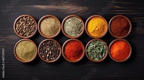 Set of various spices in small bowls, top view.