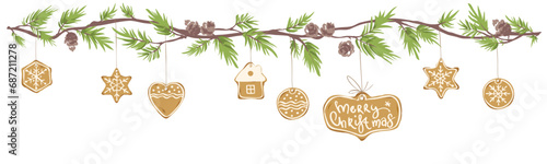 Christmas border. Vector illustration with fir branches decorated with ginger biscuits.	 photo