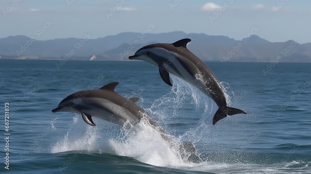 Fototapeta premium Dolphins leaping from the sea or ocean, displaying their playful and energetic nature. Joyful and acrobatic behavior of these intelligent marine mammals in their natural habitat.