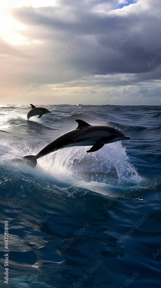 Fototapeta premium Dolphins leaping from the sea or ocean, displaying their playful and energetic nature. Joyful and acrobatic behavior of these intelligent marine mammals in their natural habitat.