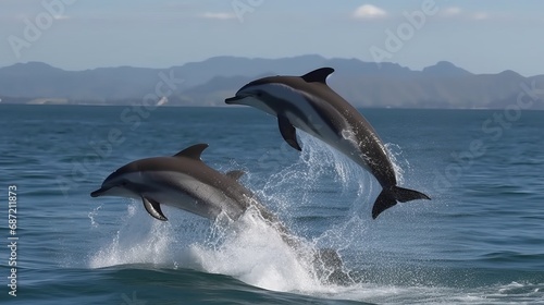 Dolphins leaping from the sea or ocean, displaying their playful and energetic nature. Joyful and acrobatic behavior of these intelligent marine mammals in their natural habitat. © Ilia