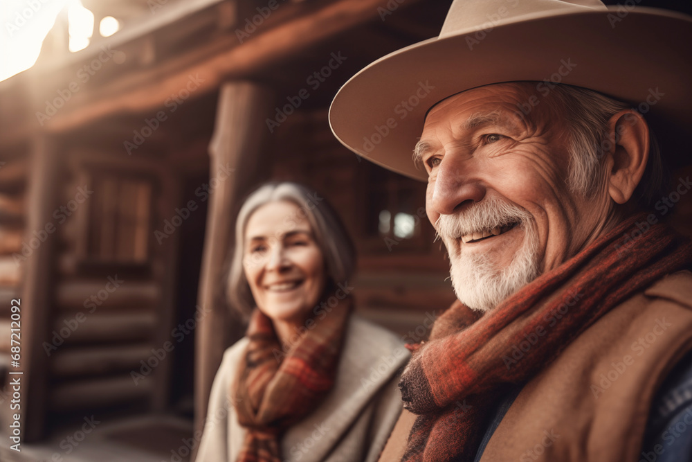 Senior couple on the wooden house background. Generative AI Senior couple on the wooden house background. Generative AI