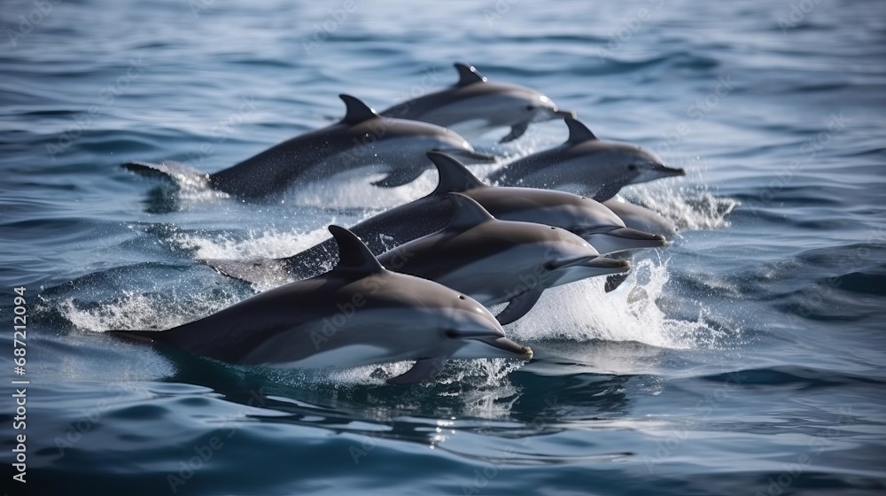 Naklejka premium Dolphins leaping from the sea or ocean, displaying their playful and energetic nature. Joyful and acrobatic behavior of these intelligent marine mammals in their natural habitat.