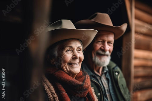 Senior couple on the wooden house background. Generative AI