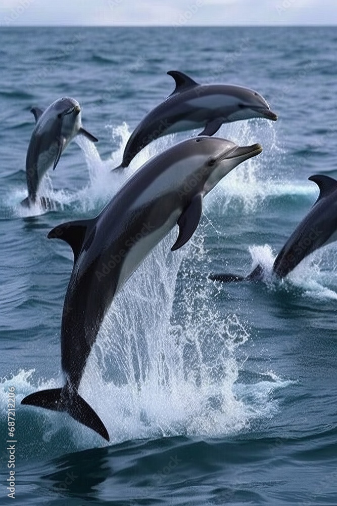Obraz premium Dolphins leaping from the sea or ocean, displaying their playful and energetic nature. Joyful and acrobatic behavior of these intelligent marine mammals in their natural habitat.