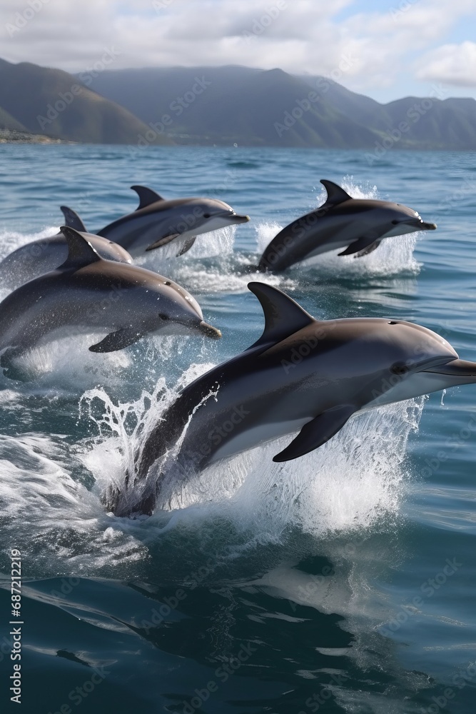 Obraz premium Dolphins leaping from the sea or ocean, displaying their playful and energetic nature. Joyful and acrobatic behavior of these intelligent marine mammals in their natural habitat.