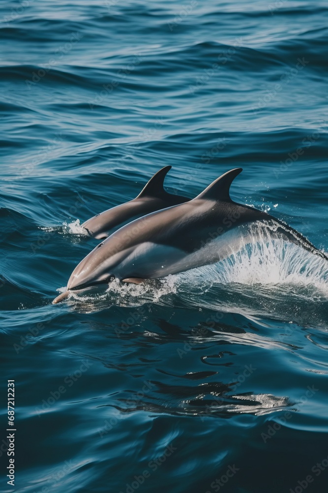 Fototapeta premium Dolphins leaping from the sea or ocean, displaying their playful and energetic nature. Joyful and acrobatic behavior of these intelligent marine mammals in their natural habitat.
