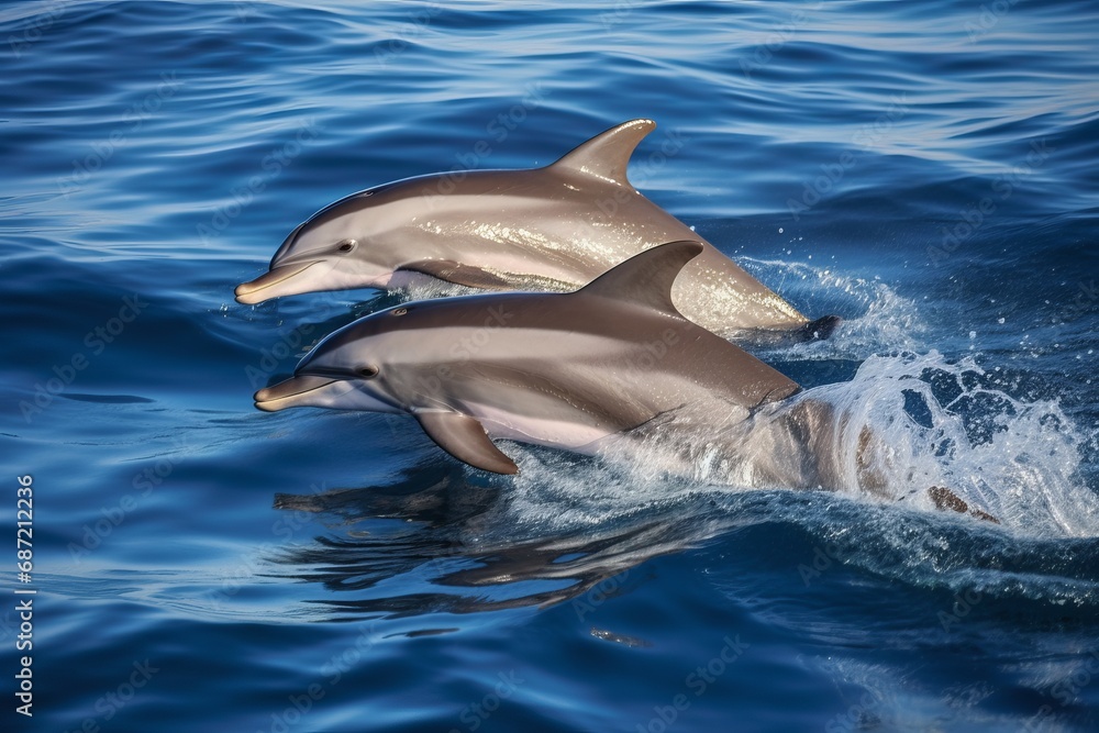 Naklejka premium Dolphins leaping from the sea or ocean, displaying their playful and energetic nature. Joyful and acrobatic behavior of these intelligent marine mammals in their natural habitat.