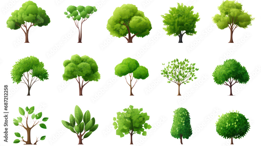 Set of 3D plants vector. Collection of green plants on white background. Vector illustration design elements in cartoon style. On a transparent or white background. Isolated.