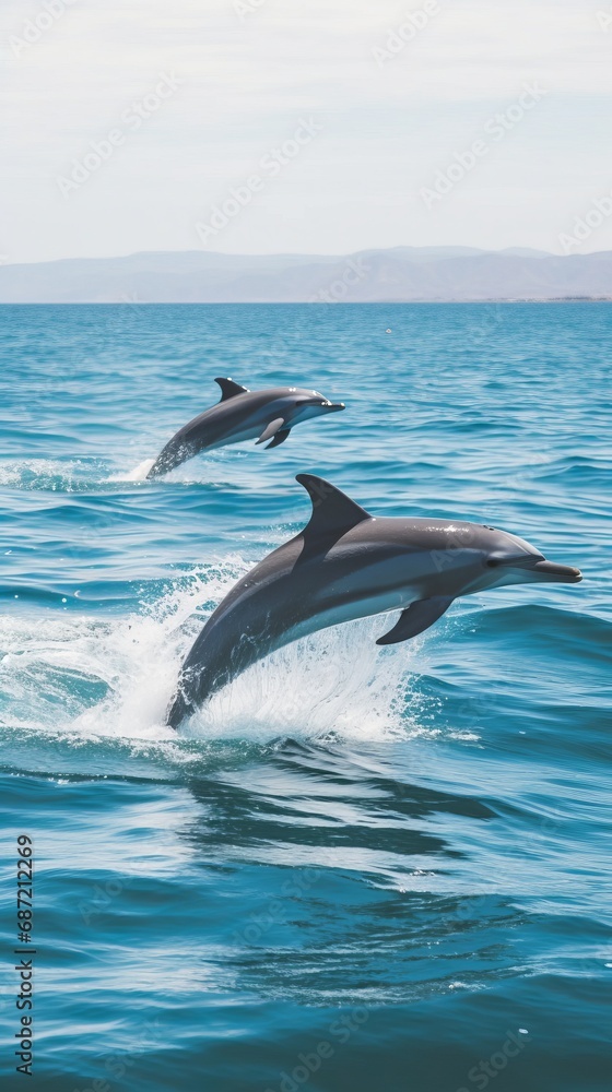 Fototapeta premium Dolphins leaping from the sea or ocean, displaying their playful and energetic nature. Joyful and acrobatic behavior of these intelligent marine mammals in their natural habitat.