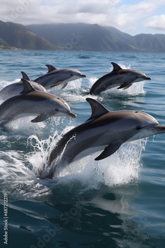 Dolphins leaping from the sea or ocean  displaying their playful and energetic nature. Joyful and acrobatic behavior of these intelligent marine mammals in their natural habitat.