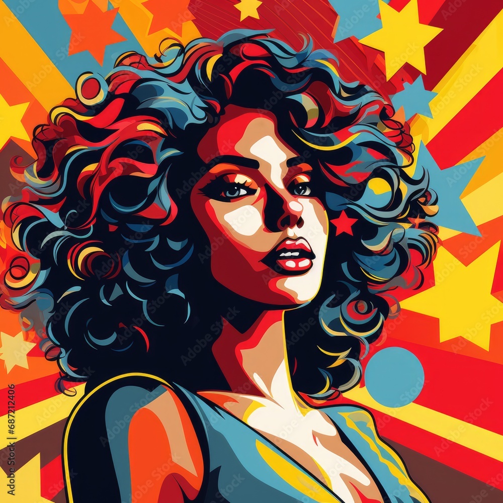 Retro-Inspired Pop Art Portrait of a Woman with Stars Background