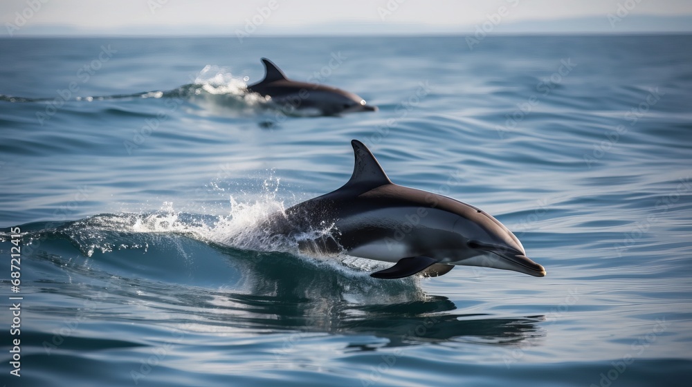 Naklejka premium Dolphins leaping from the sea or ocean, displaying their playful and energetic nature. Joyful and acrobatic behavior of these intelligent marine mammals in their natural habitat.