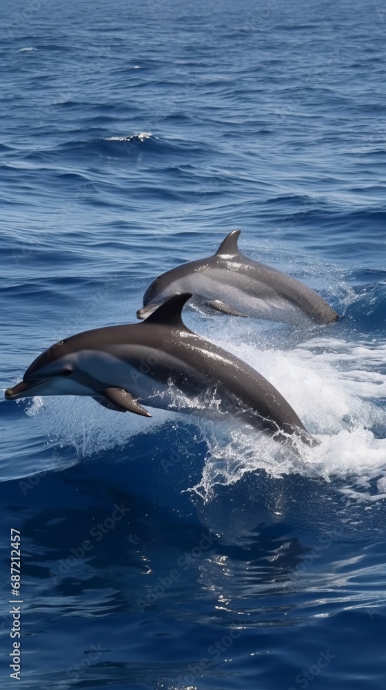 Fototapeta premium Dolphins leaping from the sea or ocean, displaying their playful and energetic nature. Joyful and acrobatic behavior of these intelligent marine mammals in their natural habitat.