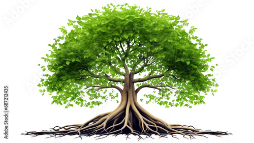 Green tree with roots, vector illustration On isolated transparent or white background.