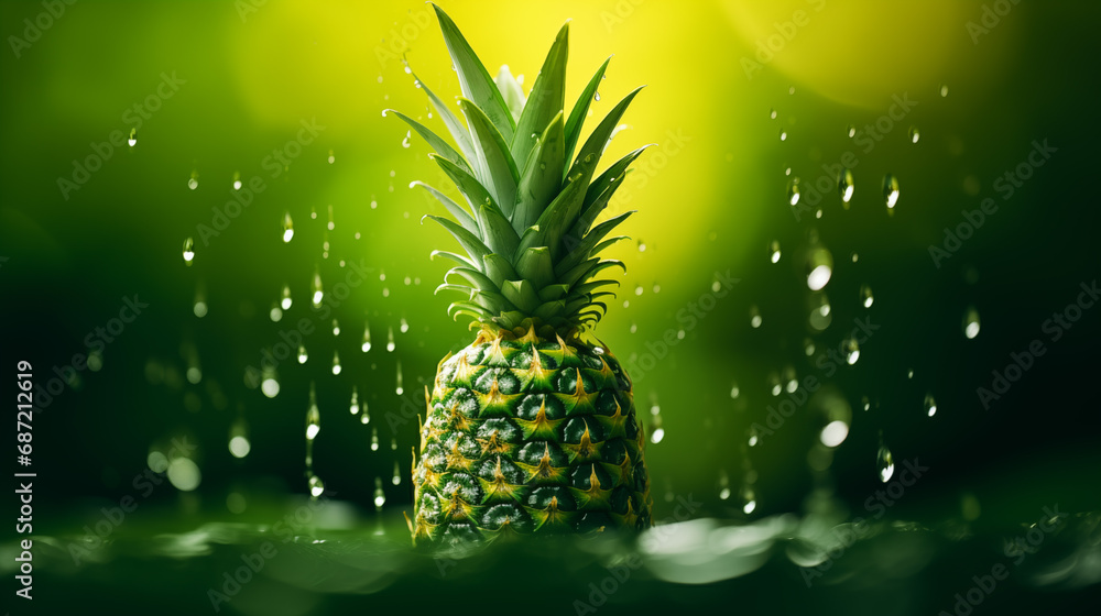 Fototapeta premium Ananas zielony, soczysty, piękny, świeży na zielonym tle z kroplami wody.