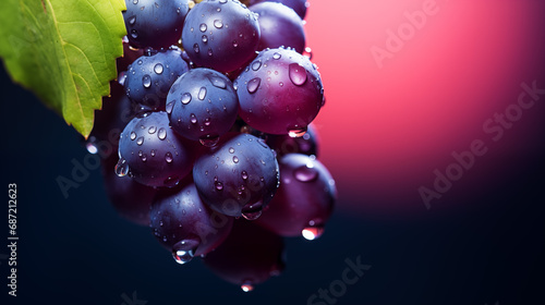 Winogrono czarne soczyste, piękne, świeże na różowym tle z kroplami wody. photo
