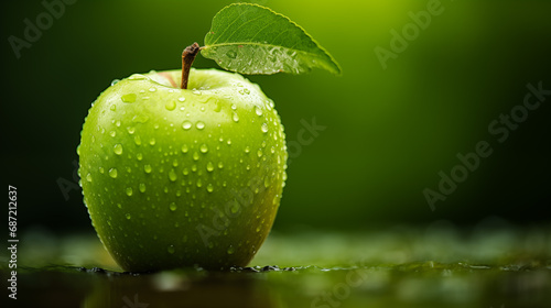 Zielone jabłko, soczyste, piękne, świeże na zielonym tle z kroplami wody. photo