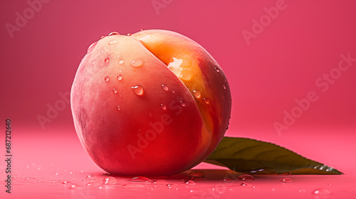 Brzoskwinia soczysta, piękna, świeża na różowym tle z kroplami wody.