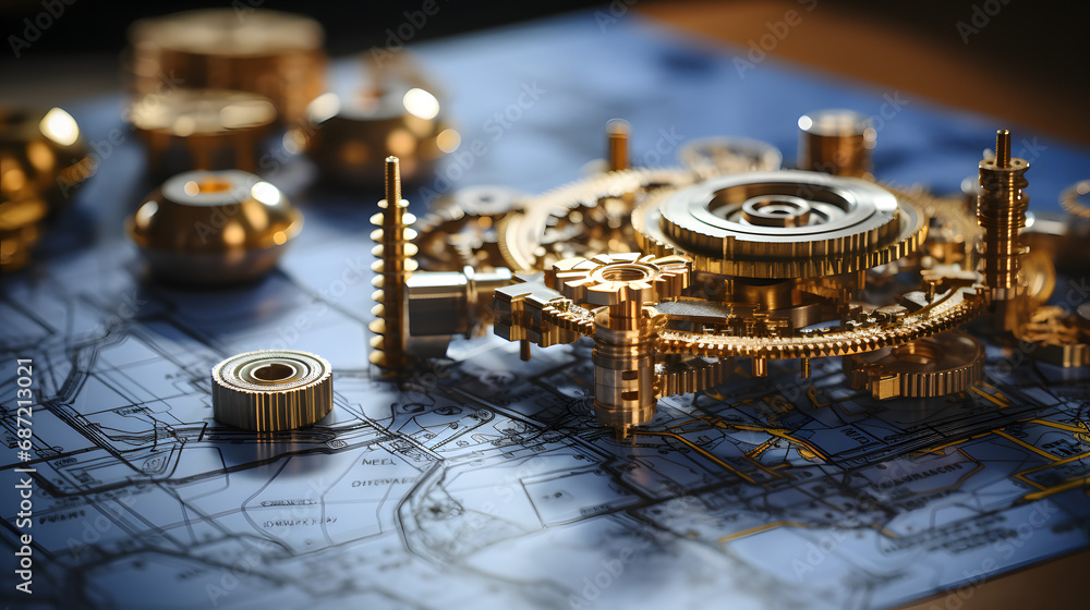 A Golden Gearwheel Rests on a Technical Blueprint, Symbolizing the Fusion of Technical Expertise and Strategic Planning in a Project A Golden Gearwheel Rests on a Technical Blueprint, Symbolizing the Fusion of Technical Expertise and Strategic Planning in a Project