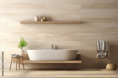Modern minimalist bathroom interior in beige tones