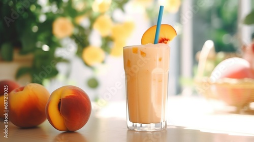 Peaches smoothie on the table with cafe, restaurant or coffee shop background. Food and drinks lifestyle concept for Beverage collection, stock photography