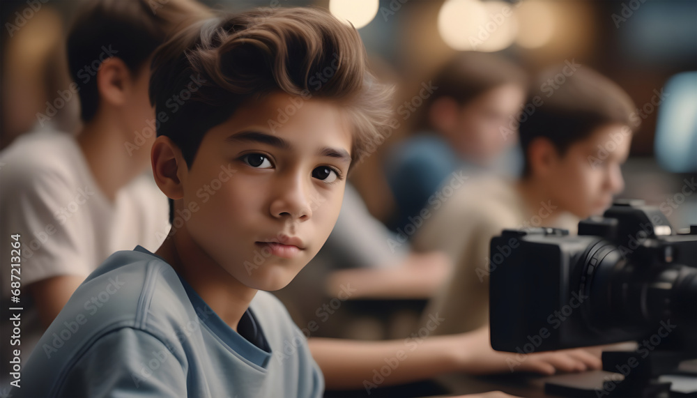 Selective focus of preteen boy looking at camera during video blog. Generative AI Selective focus of preteen boy looking at camera during video blog. Generative AI