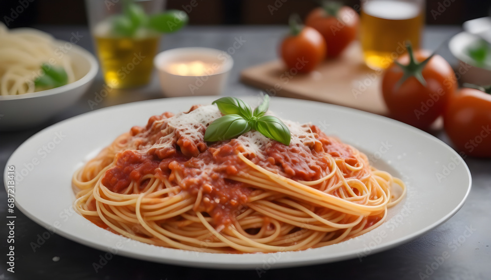 Spaghetti bolognese on a plate with tomato sauce and basil. Generative AI Spaghetti bolognese on a plate with tomato sauce and basil. Generative AI