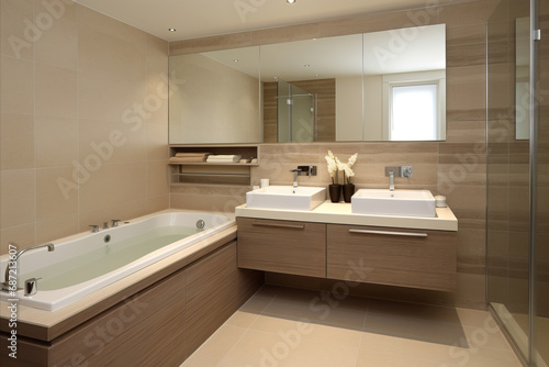 Modern minimalist bathroom interior in beige tones