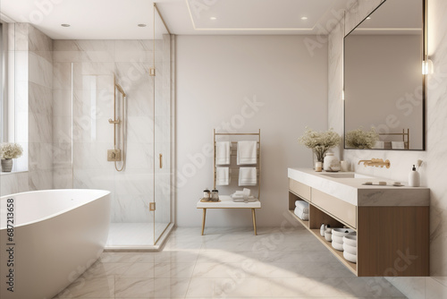 Modern minimalist bathroom interior in beige tones