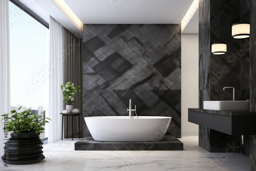 Modern minimalist bathroom interior with dark walls