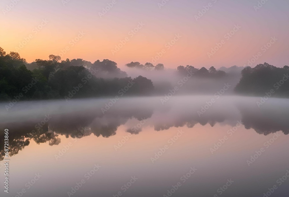 AI generated illustration of a foggy river bank during a sunrise