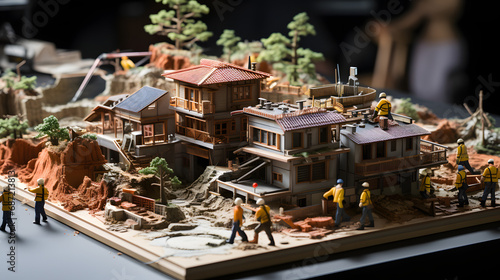 Miniature Businessmen Converge on Construction Sites to Strategize, Analyze Progress, Tackle Challenges, and Collaborate on Ongoing Projects