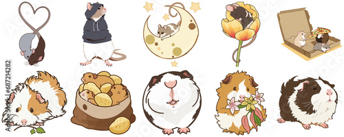 Sticker Art Cute and Funny Rodents: A Collection of Guinea Pig and Rat Cartoon Illustrations
