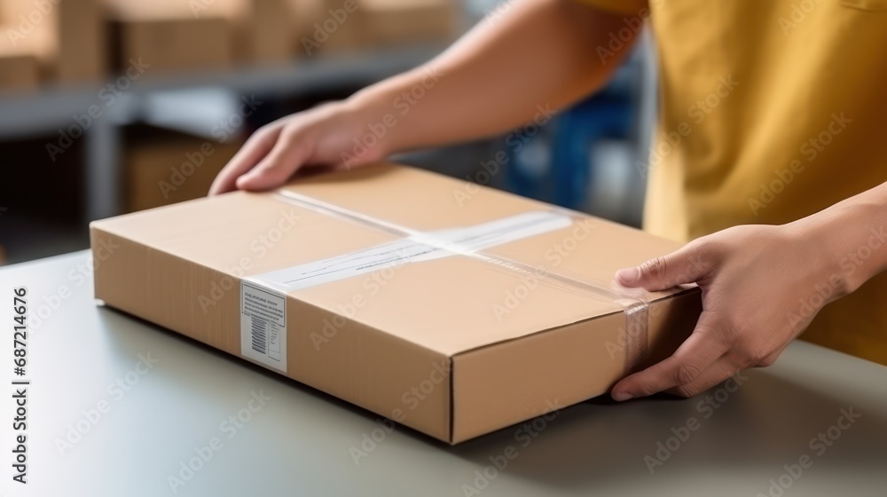 Delivers man holding box ready to give to customer Delivers man holding box ready to give to customer