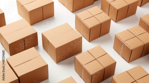 stack of cardboard boxes isolated on white background online sell concept photo