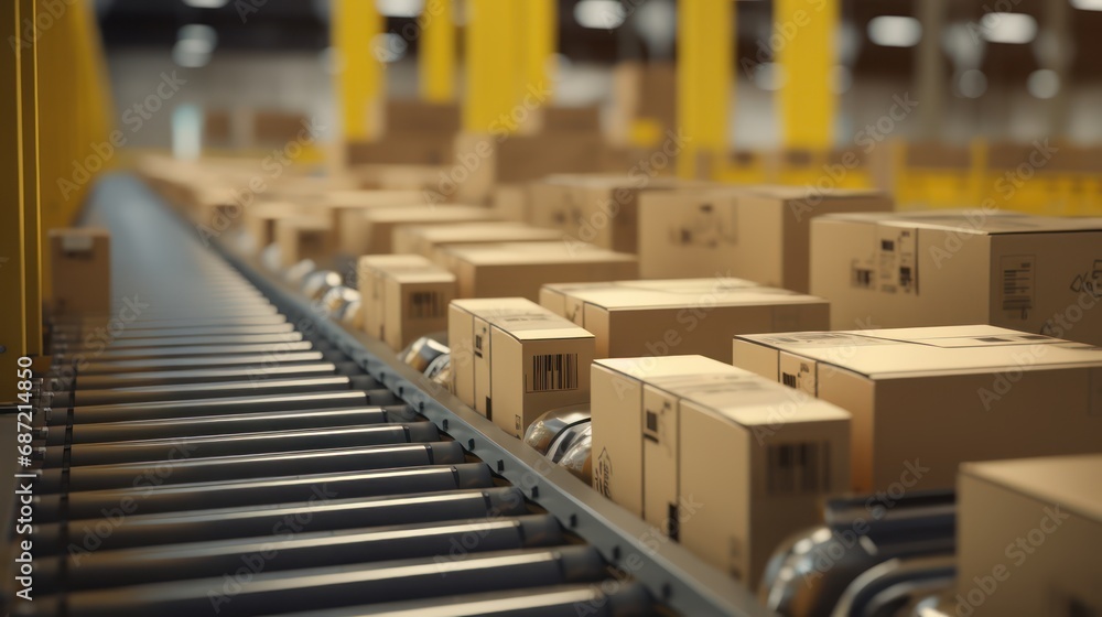 Closeup of multiple cardboard box packages seamlessly moving along a conveyor belt in a warehouse fulfillment center, a snapshot of e-commerce, delivery, automation and products Closeup of multiple cardboard box packages seamlessly moving along a conveyor belt in a warehouse fulfillment center, a snapshot of e-commerce, delivery, automation and products