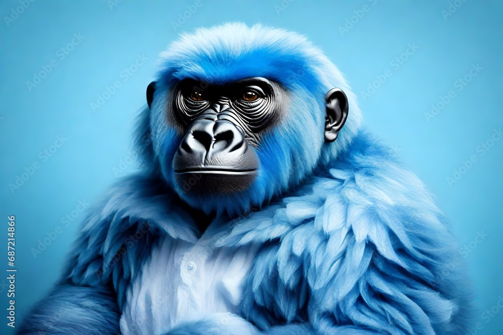  fluffy gorilla sporting a blue fur coat, dressed in a stylish white romper against a serene light blue background. 