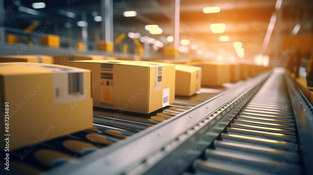 Closeup of multiple cardboard box packages seamlessly moving along a conveyor belt in a warehouse fulfillment center, a snapshot of e-commerce, delivery, automation and products Closeup of multiple cardboard box packages seamlessly moving along a conveyor belt in a warehouse fulfillment center, a snapshot of e-commerce, delivery, automation and products