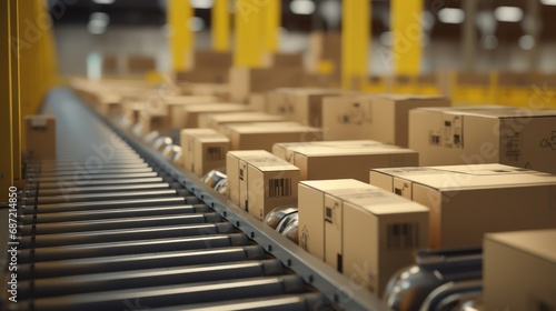 Closeup of multiple cardboard box packages seamlessly moving along a conveyor belt in a warehouse fulfillment center, a snapshot of e-commerce, delivery, automation and products © sambath
