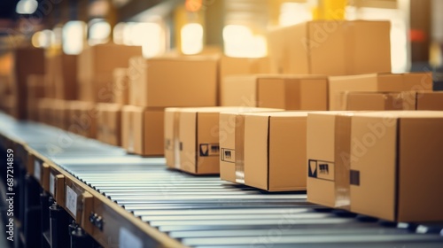 Closeup of multiple cardboard box packages seamlessly moving along a conveyor belt in a warehouse fulfillment center, a snapshot of e-commerce, delivery, automation and products