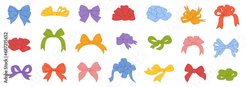 Colorful bows, gift bows. Simple hand drawn ribbon bow collection. Bowknot for decoration, big set  photo