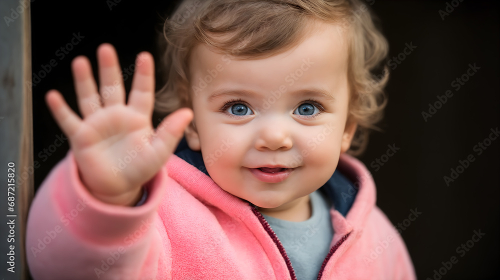 Adorable baby Waving, Centered, Against a Flat Vibrant Pink Contrasting Background Adorable baby Waving, Centered, Against a Flat Vibrant Pink Contrasting Background