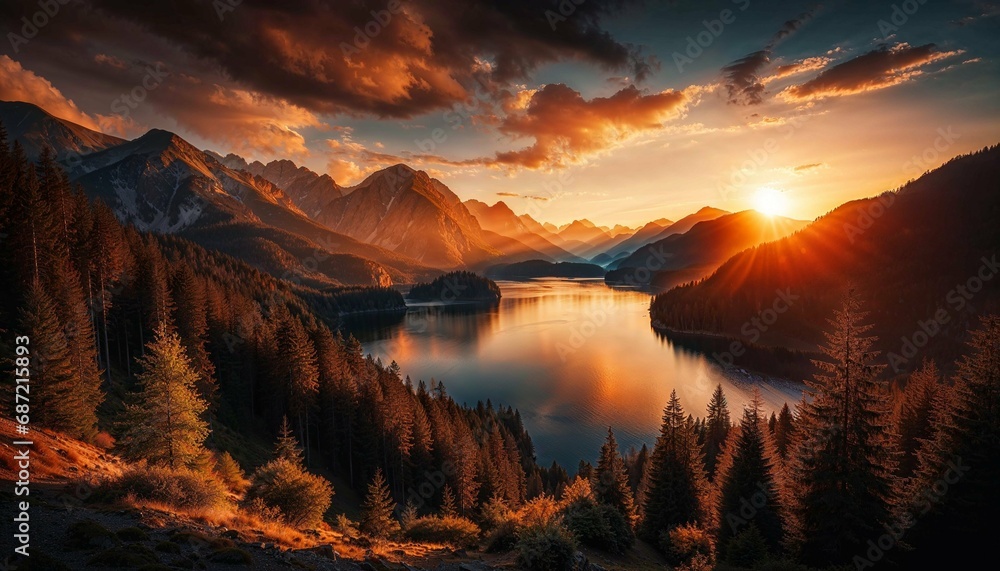 Sunset Radiance over Mountain Lake Surrounded by Forest

