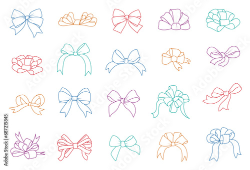 Colorful bows, gift bows. line art. Simple hand drawn ribbon bow collection. Bowknot for decoration, big set 